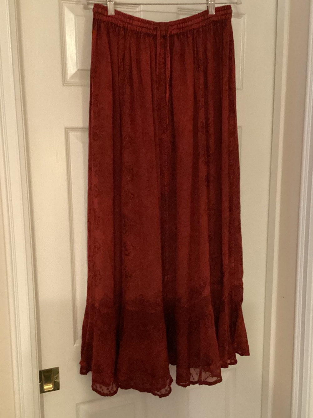 Rust Red Maxi Skirt with Ruffle Hem and Elastic Waist